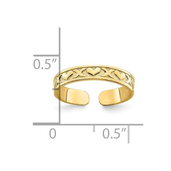 14k Yellow Gold Solid Toe Ring Small X and Hearts Adjustable - Picture 2 of 4